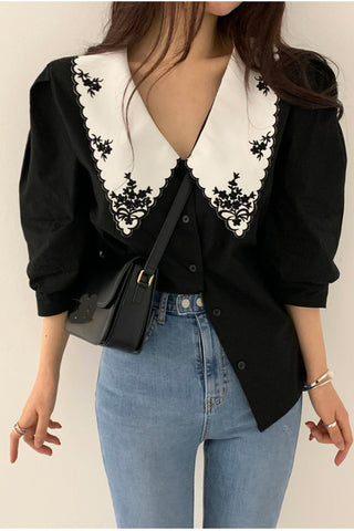Elegant Floral Embroidered Retro Collar Blouse Shirt