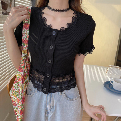 Sweet Ruffle Lace Cropped Slim Shirt