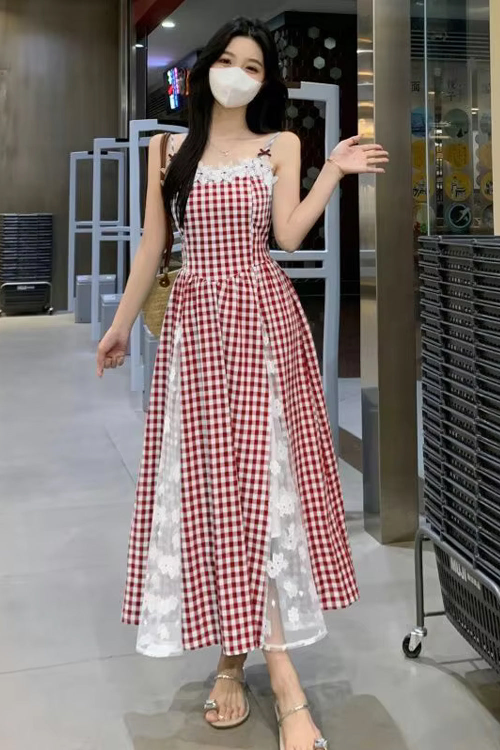 Sexy Elegant Lace Patchwork Plaid Long Dress