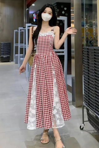 Sexy Elegant Lace Patchwork Plaid Long Dress