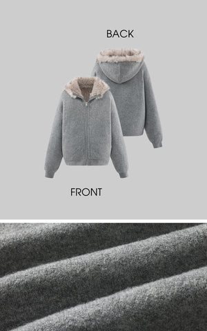 Furry Hood Jacket & Knit Hood Hat Set with Slim Top and Drawstring Shorts
