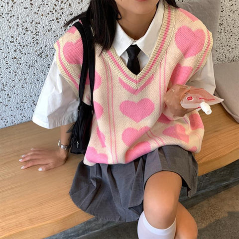 Love Pattern Loose V-Neck Vest Sweater