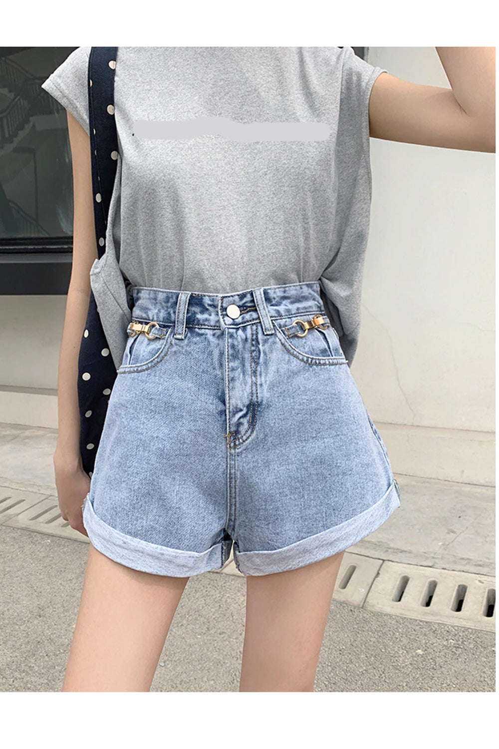 Retro-Crimp-Jeansshorts mit hoher Taille 