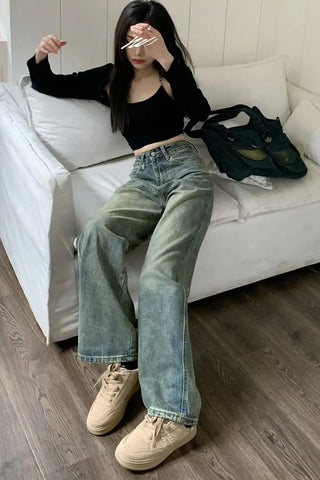 High Waist Vintage Washed Long Jeans Pants