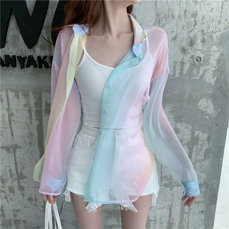 Rainbow Colors Sexy Transparent Blouse Shirt
