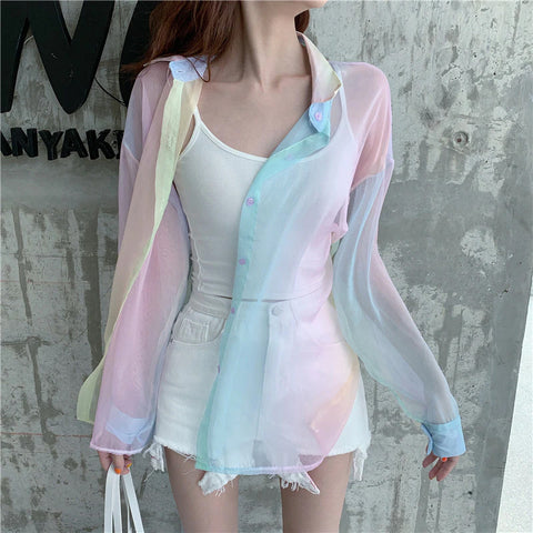 Rainbow Colors Sexy Transparent Blouse Shirt