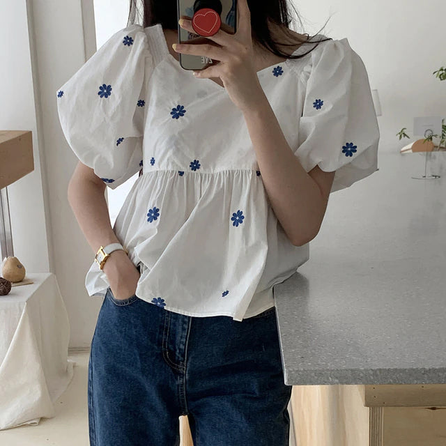 Loose Puff Sleeve V-Neck Floral Blouse Shirt