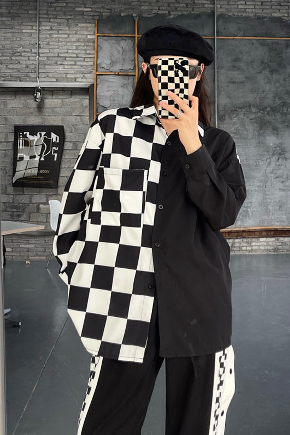 Long Sleeve Hip Hop Half Plaid Blouse Shirt