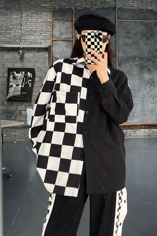 Long Sleeve Hip Hop Half Plaid Blouse Shirt