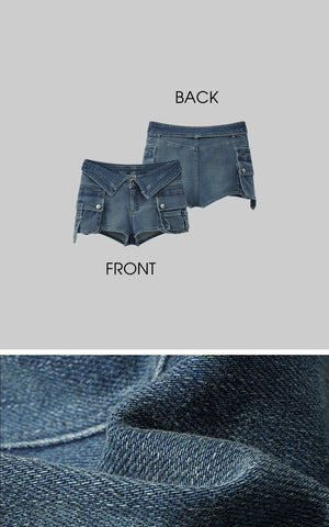 Collar-Waist Deconstructed Denim Shorts