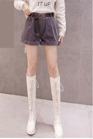 High Waist Corduroy Basic Shorts with Belt