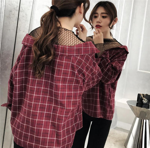 Retro Plaid Mesh Patchwork Fake Zweiteiler Hemden 