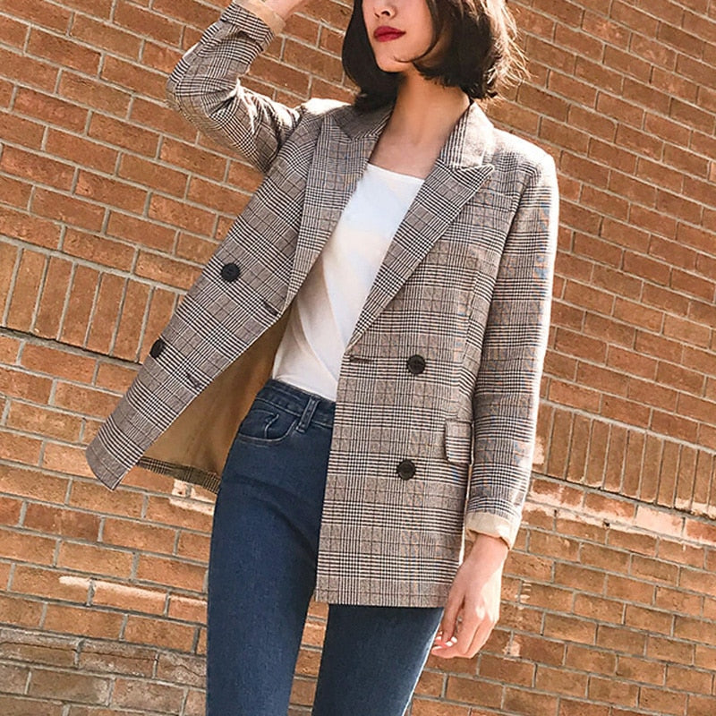 Vintage Plaid Pockets Blazer