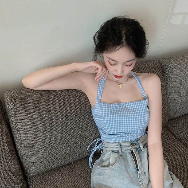 Sexy Hanging Neck Plaid Crop Tops