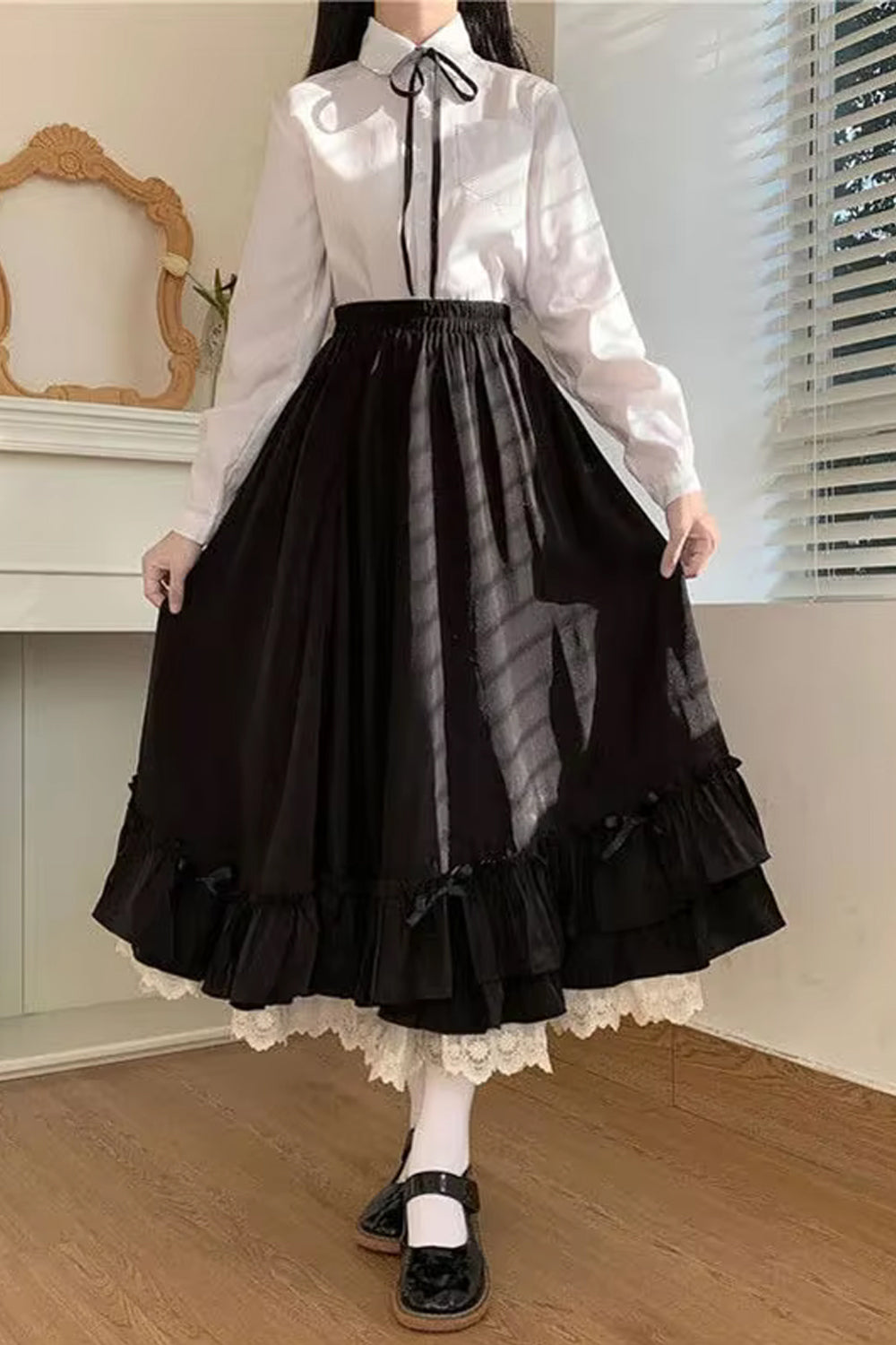 High Waist A-Line Ankle Length Ruffles Pleated Skirts