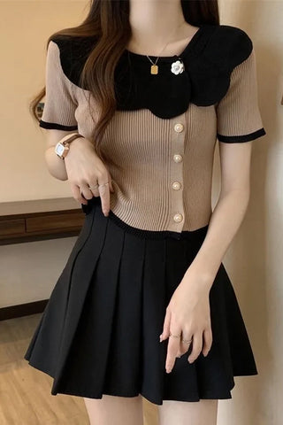 Short Sleeve Contrast Combined Colors Slim Shirt