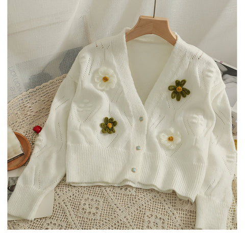 V-Neck Floral Cropped Cardigan Sweater