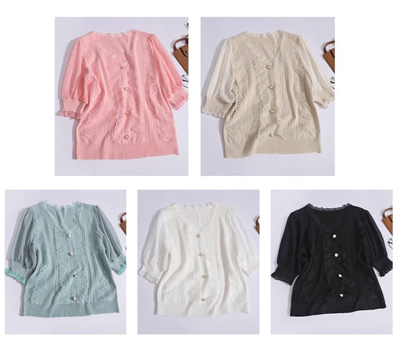 Short Sleeve V-Neck Lace Pearls Button Chiffon Shirt