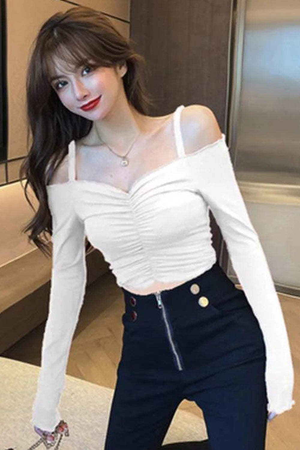 Long Sleeve Slash Neck Sexy Slim Shirt