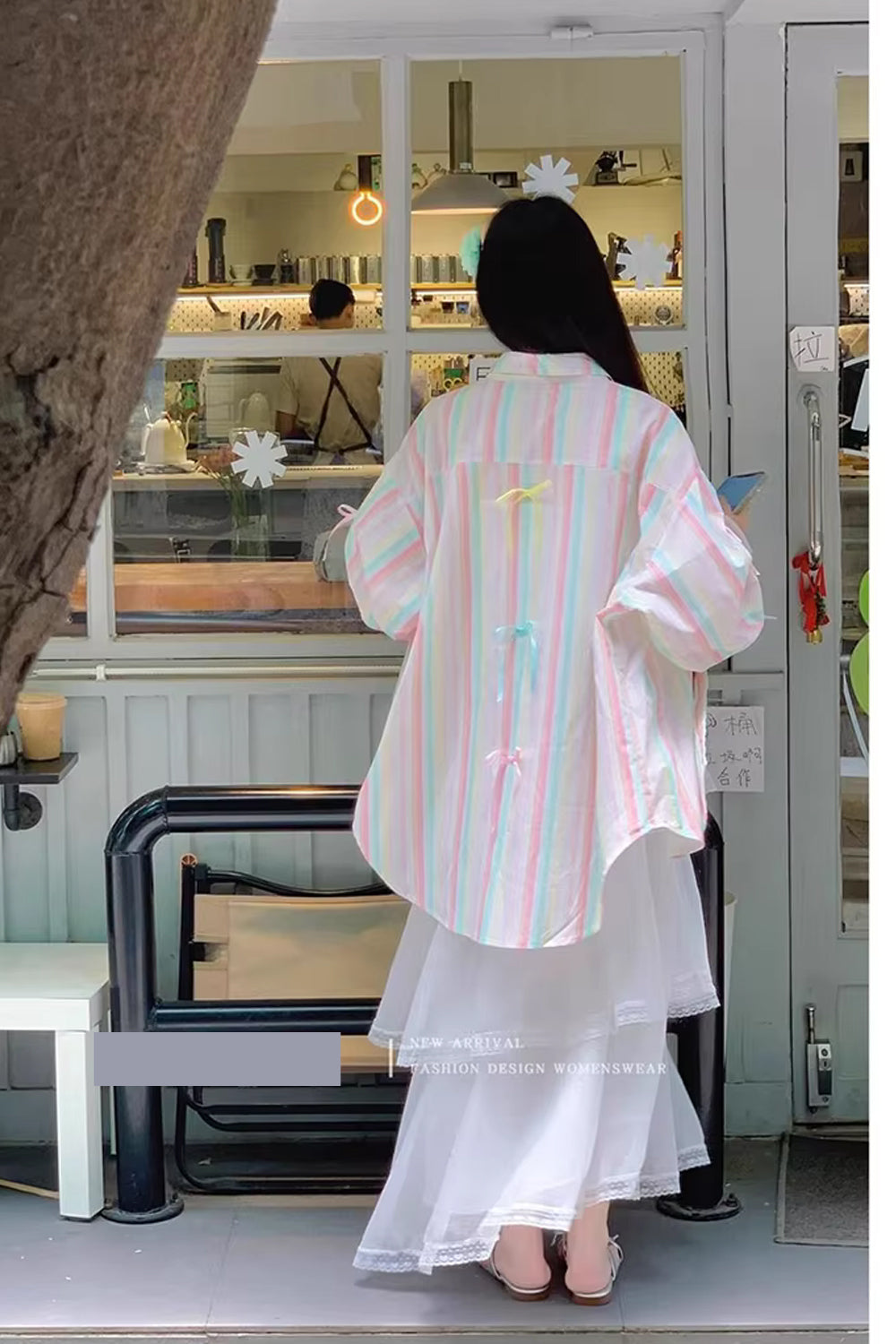 Long Sleeve Rainbow Striped With Cute Bow Blouse Shirt