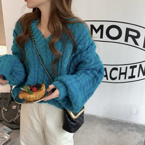 Long Sleeve V-Neck Knitted Warm Sweater