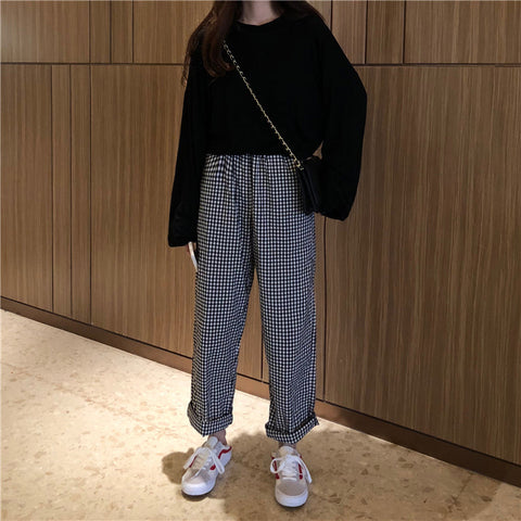 Casual Loose Black Plaid Wide Leg Pants