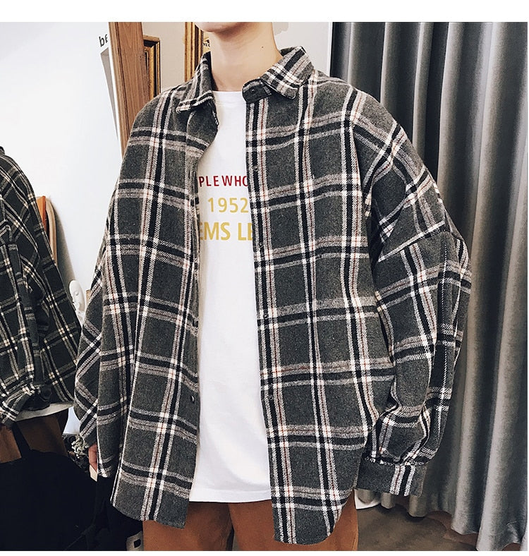 Grey Color Block Plaid Loose Men Fleece Shirt