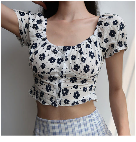 Black Daisy Puff Sleeve Sexy Cropped Shirt