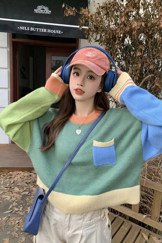 Long Sleeve Spliced Colors Combination Sweater