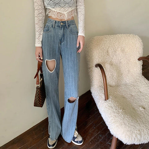 Heart Shaped Hole Wide Leg Denim Pants