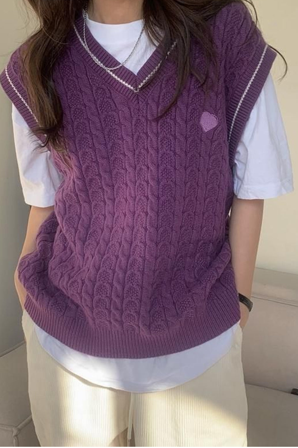 V-Neck Heart Embroidered Knitted Vest Sweater