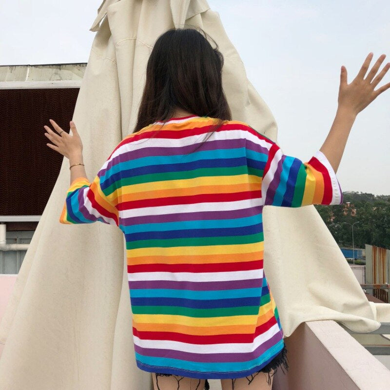 Rainbow Stripe Casual Short Sleeve Shirt