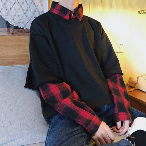 Long Sleeve Hip Hop Plaid Two Style Shirt