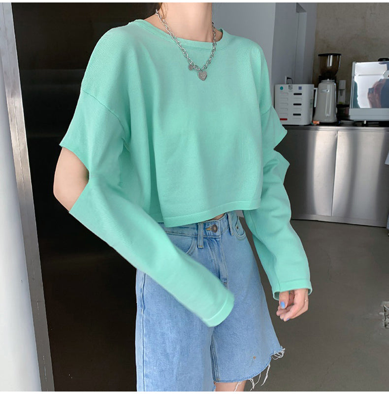 Long Hole Sleeve O-Neck Cropped Shirt