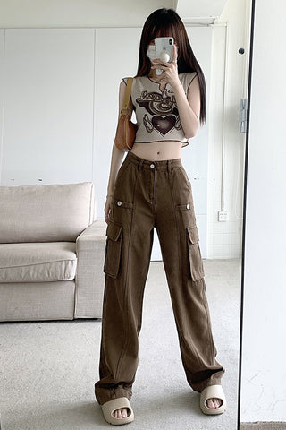 High Waist Vintage Cargo Pockets Pants