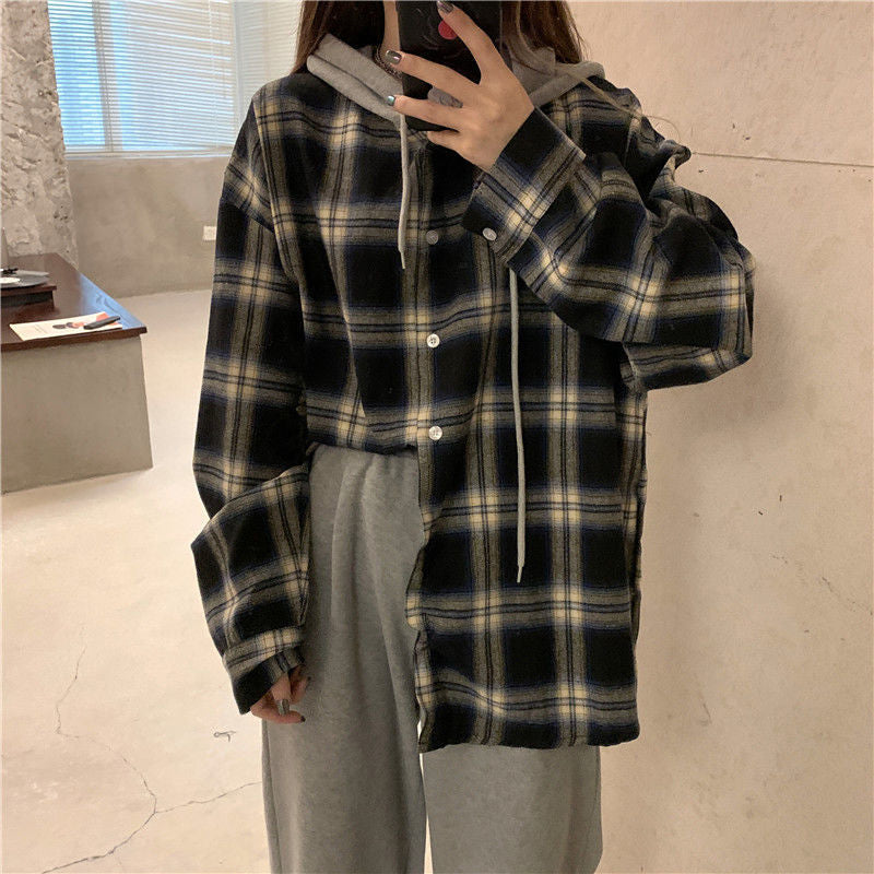 Vintage Hooded Plaid Combination Shirt