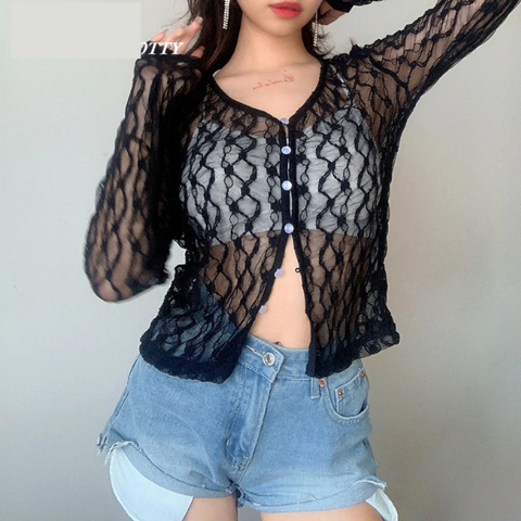 Sexy transparentes Langarmshirt aus Spitzennetz