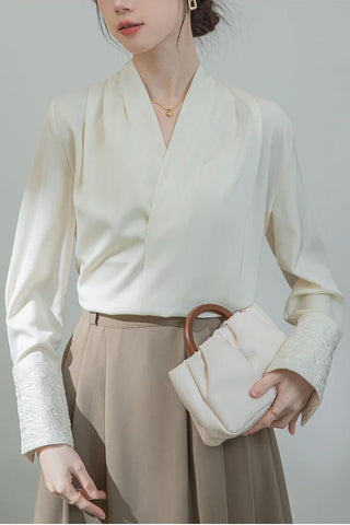 Long Sleeve Cross Neck Elegant Office Blouse Shirt