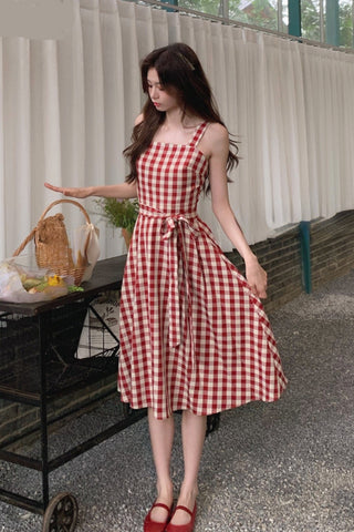 Sweet Red Plaid Elegant Midi Dress