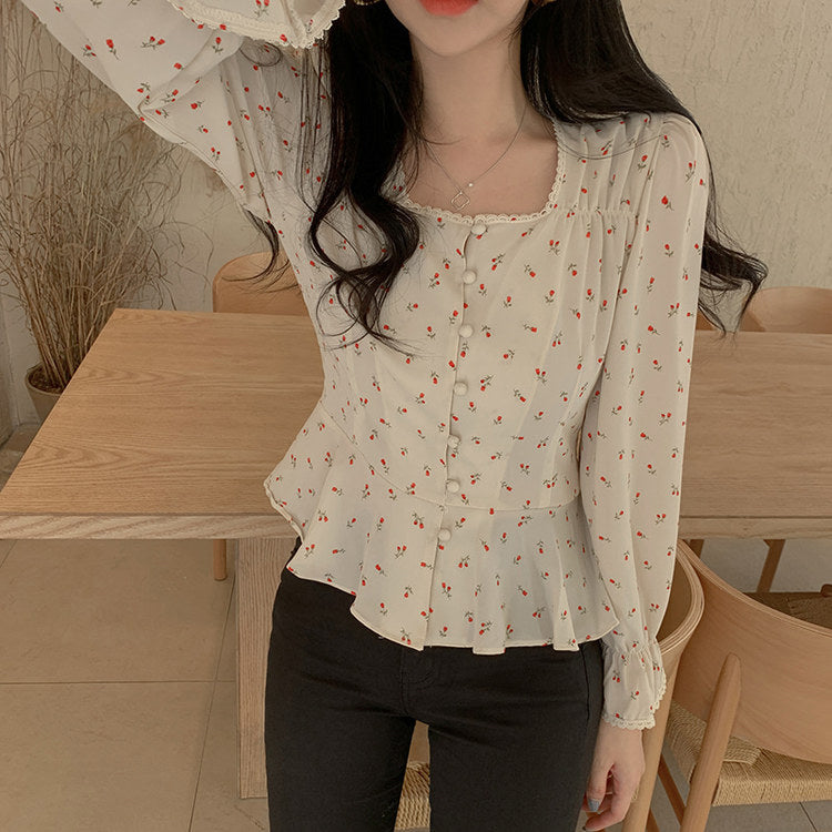 Little Flowers Pattern Square Collar Blouse Shirt