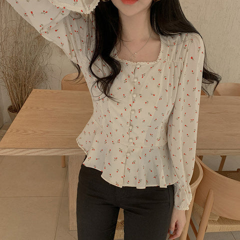 Little Flowers Pattern Square Collar Blouse Shirt