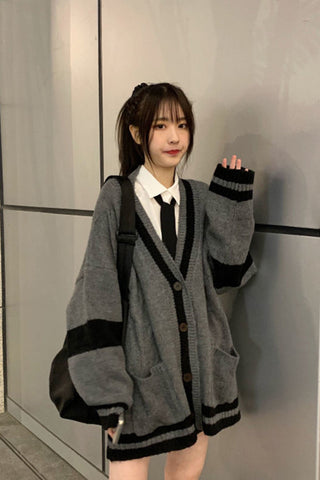 Loose Grey Striped Cardigan Sweater