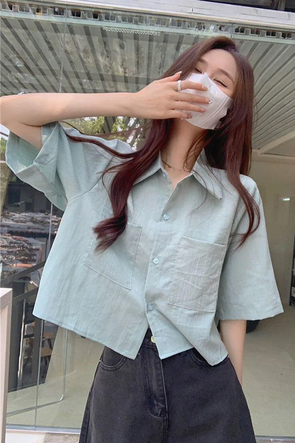 Short Sleeve Basic Colors Cropped Blouse Shirts