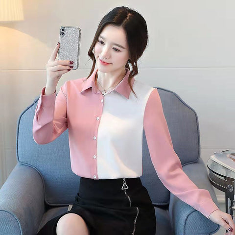 Long Sleeve Elegant Colors Combination Office Blouse Shirt