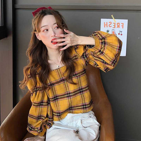 Plaid Backless Lace Up Lantern Sleeve Shirt