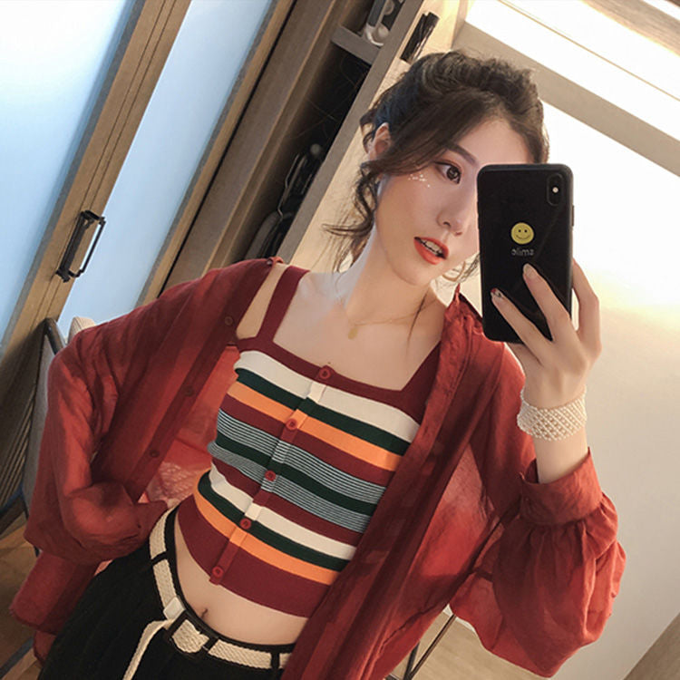 Striped Colors Slim Stretchy Knitted Crop Tops