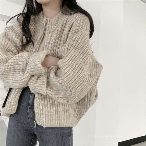 Zipper Solid Knitted Loose Sweater