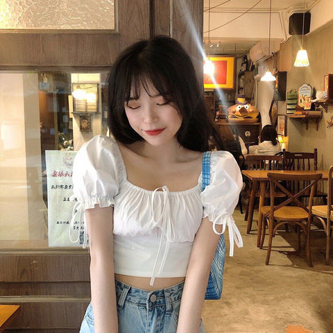 Puff Sleeve Bow Cropped Slim Shirt
