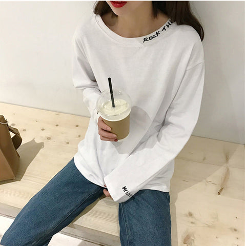 Letter Embroidered Simple Long Sleeve Shirt