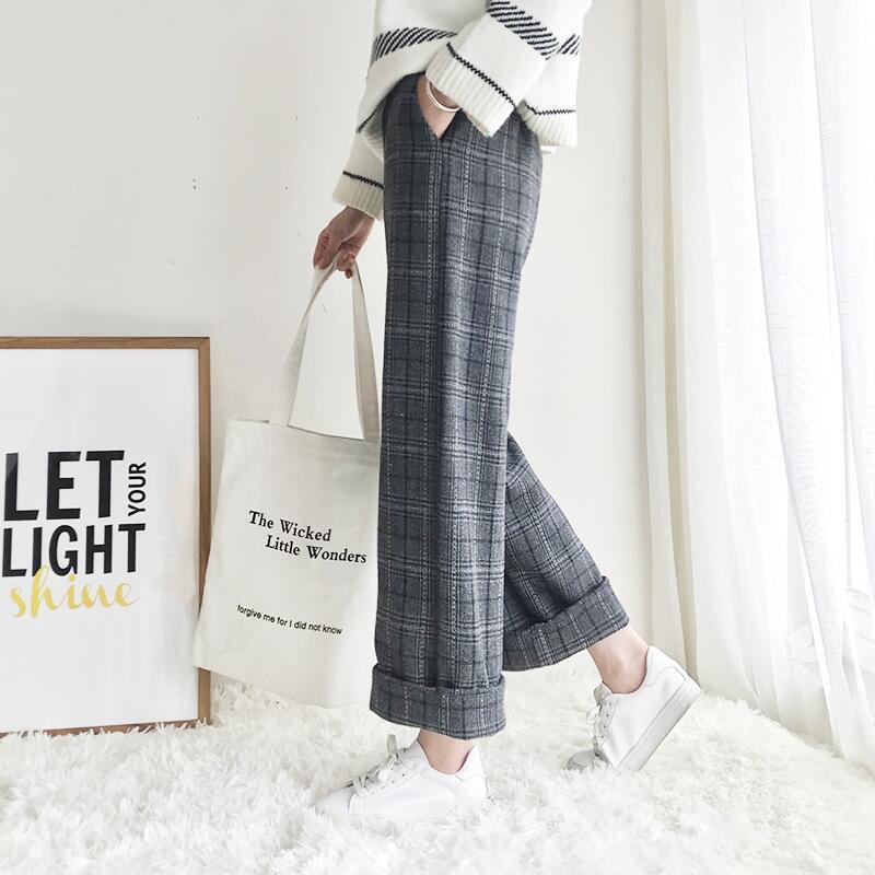 High Waist Ankle Length Woolen Plaid Pants